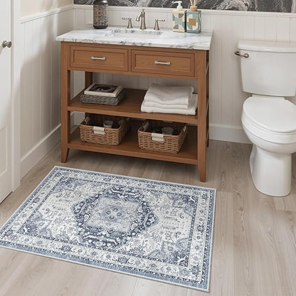 Madane Washable Area Rug 2x3, Small Entryway Rug Non-Slip Vintage Door Mat Indoor Entrance, Low Pile Floor Carpet for Inside Front Door Bedroom Kitchen Entry Laundry (2'x3', Navy/White)