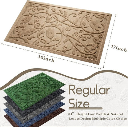 Boho Beige Floral Leaves Outdoor Indoor Entrance Doormats, Absorbent Durable Heavy Duty Welcome Front Door Mat,Thick Natural Rubber Back,Easy Clean Entryway Mat 23x35 Inch, Low Profile