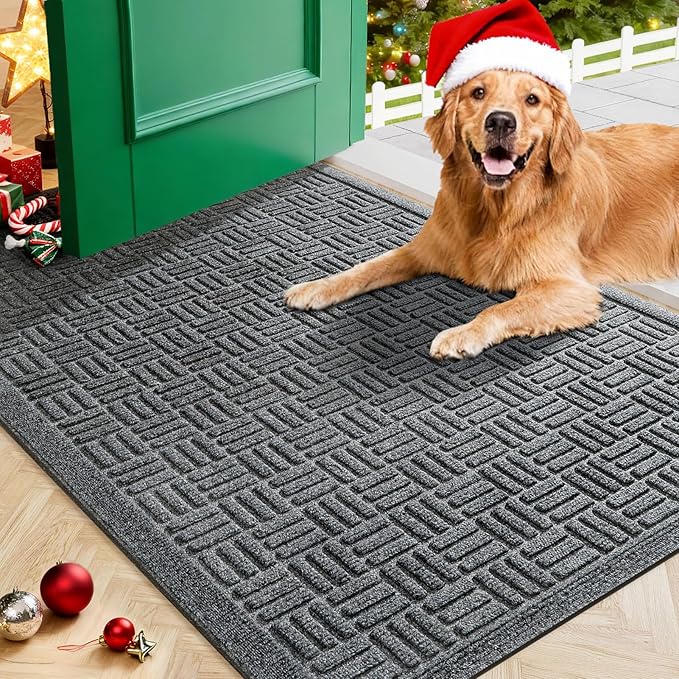 Mibao Front Door Mat Indoor Outdoor Entrance, Dirt Trapping Waterproof All-Season, All-Weather Doormat, Non-Slip Durable Natural Rubber Low Profile Easy Clean Patio Entrance Mat, 29.5" x 17", Grey