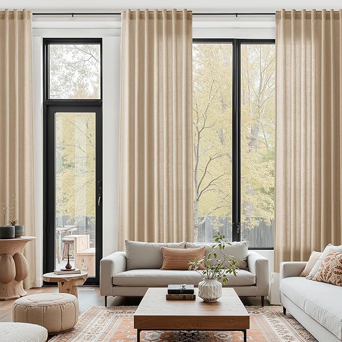 Sand Beige Linen Curtains 132 Inch Length for Living Room Simple Modern Light Filtering Semi Sheer Curtain Back Tab Rustic Home Decor Drapes Floor to Ceiling High Window for Bedroom 52x132, 2 Panels