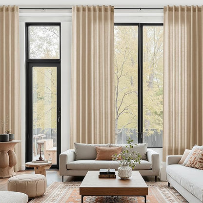 Sand Beige Linen Curtains 132 Inch Length for Living Room Simple Modern Light Filtering Semi Sheer Curtain Back Tab Rustic Home Decor Drapes Floor to Ceiling High Window for Bedroom 52x132, 2 Panels