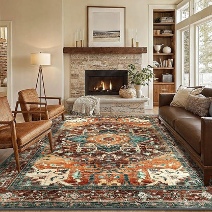 Yamaziot 6x9 Large Area Rug, Non-Slip Washable Boho Vintage Living Room Rug with Rubber Backing, Low Pile Faux Wool Soft Distressed Rug Floor Carpet for Dinning Room, Bedroom