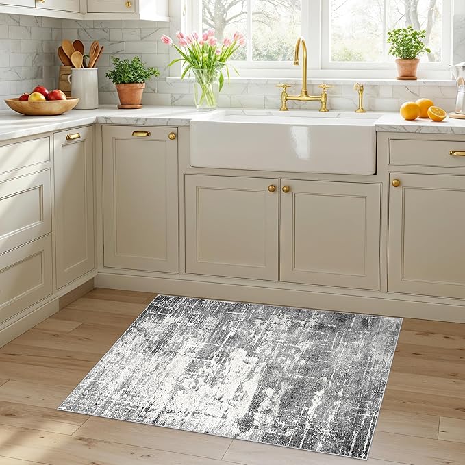 Washable 2x3 Entryway Area Rugs: Abstract Water Resistant Kitchen Rug Non-Slip Durable Doormat for High-Traffic Area Soft Bedroom Beside Carpet Indoor Low Pile Floor Mat for Families(2x3,Black/Grey)