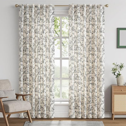 jinchan Linen Floral Curtains for Living Room 84 Inch Length Black Printed Flower Light Filtering French Country Curtain Farmhouse Cottage Core Toile Curtains Back Tab Window Drapes Set 2 Panels