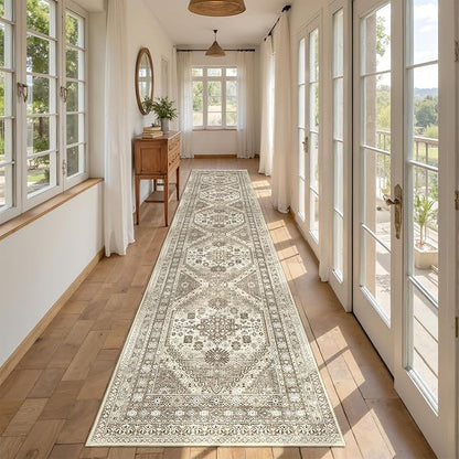 Hallway Runner Rug 2x12, Extra Long Washable Runner Rugs with Rubber Backing, Non Slip Runner, Vintage Rug Runners for Kitchen Laundry Room Entryway (Brown,2'x12')