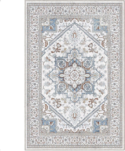OPPODREAM Soft 6x9 Area Rugs, Neutral Washable Rug 6x9 with Non Slip Backing, Faux Cashmere Low-Pile 6 x 9 Carpet, Cream White & Blue & Light Brown