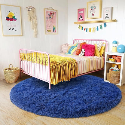 3'x3' Blue Round Rug for Bedroom, Ultra Soft Fluffy Circle Rug for Kids Girls Boys Room, Cute Small Shag Rugs for Living Room Playroom Teen Room Home Decor Rug