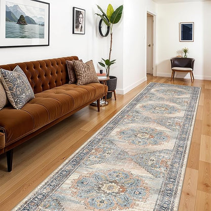 Washable 3x12 Hallway Runner Rug: Non Slip Soft Rugs for Kitchen Entryway Hall Living Room Low-Pile Water Resistant Carpet for Bathroom Thin Floor Mat for Bedroom Dining Room (Blue, 3x12)