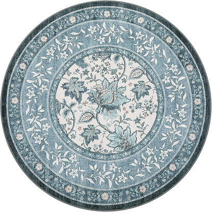 GarveeHome Misty Blue Botanical Grove 6ft Round Rug, Small Circle Vintage Cottagecore Soft Low-Pile Non-Slip Washable Rugs for Living Room Bedroom Nursery Kitchen Retro Carpet