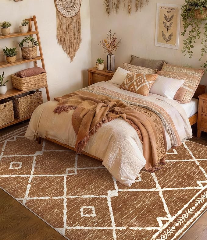 YIHOUSE Western Rugs for Living Room, 6x9 Moroccan Area Rug, Aztec Burnt Orange Large Rug, Southwestern Soft Low-Pile Washable Rugs for Bedroom, Dining Room