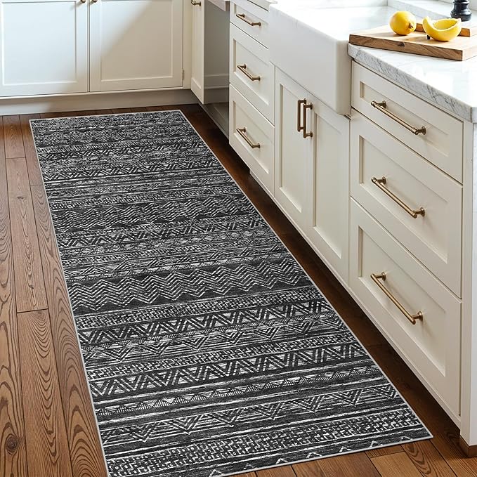 Ksrau 2x5 Hallway Runner Rug - Moroccan Non Slip Long Rug for Entryway Soft Low-Pile Washable Neutral Rugs for Kitchen Small Waterproof Indoor Floor Carpet for Bedroom Bathroom Laundry 2x5 Black