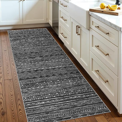 Ksrau 2x5 Hallway Runner Rug - Moroccan Non Slip Long Rug for Entryway Soft Low-Pile Washable Neutral Rugs for Kitchen Small Waterproof Indoor Floor Carpet for Bedroom Bathroom Laundry 2x5 Black