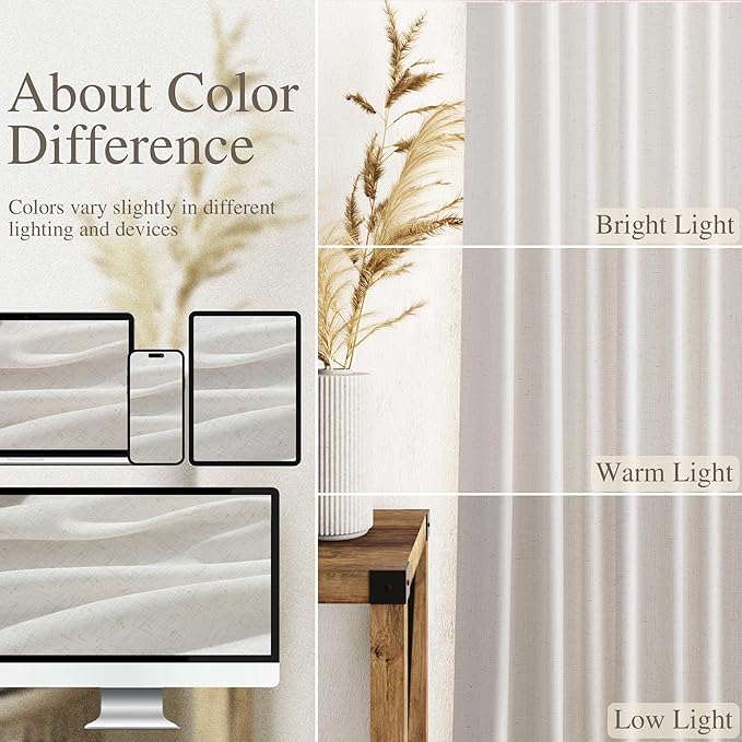 Nanspring Natural Linen Curtains for Living Room 144 Inches Long Back Tab Light Filtering Semi Sheer Curtain Rustic Farmhouse Decor Long Floor to Ceiling High Window for Bedroom 52x144, 2 Panels