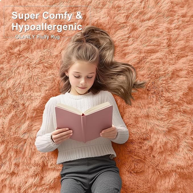 OLANLY Area Rugs for Living Room Bedroom, Machine Washable 4x5.9 ft Soft Fluffy Shaggy Bedside Rug, Indoor Floor Carpet for Kids Girls and Boys, Dorms, Nursery Rooms, Home Decor, Muted Orange