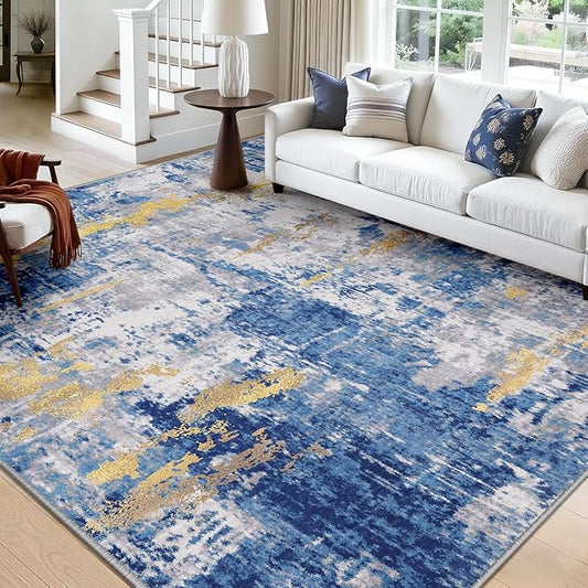 Washable Area Rugs Square 10ft Non-Slip Modern Abstract Soft for Living Room Entryway Bedroom Nursery, Print Pattern, Grey Blue Gold/Golden