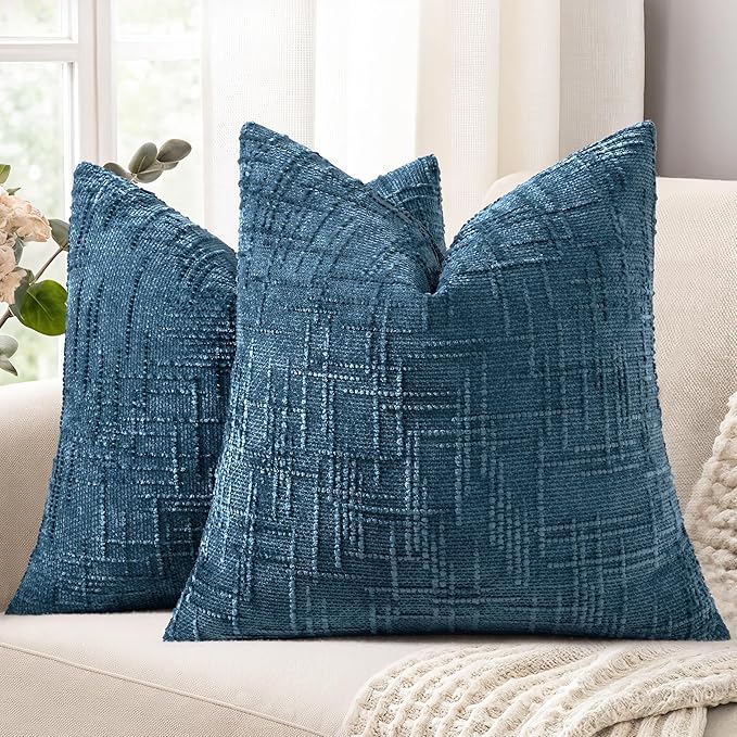 decorUhome Navy Blue Chenille Throw Pillow Covers 16x16 Set of 2 Textured Soft Cozy Slubby Couch Pillow Covers Modern Farmhouse Boho Decorative Pillow Cases for Bed Sofa Living Room