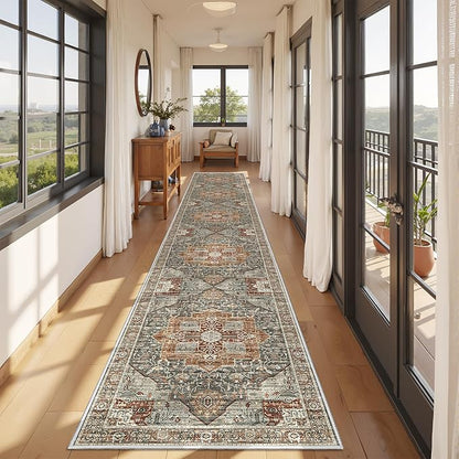 Hallway Runner Rug 2x12, Extra Long Washable Runner Rugs with Rubber Backing, Non Slip Runner, Vintage Rug Runners for Kitchen Laundry Room Entryway (Grey/Brown/Tan,2'x12')