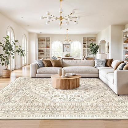 Washable Rugs 8x10 Area Rugs for Living Room, Non-Slip Backing Large Rug for Nursery Room, Vintage Floral Bedroom Rugs, Thin Indoor Home Decor Soft Farmhouse Rug (Cream/Beige,8'x10')