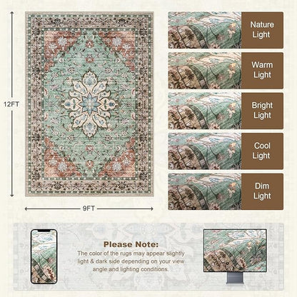 Area Rugs 9x12 Living Room Rug: Washable Rug Soft Vintage Distressed Floral Carpet Indoor Non-Slip Stain Resistant Large Carpets for Bedroom Dining Room Farmhouse Nursery Home Office Brown Green