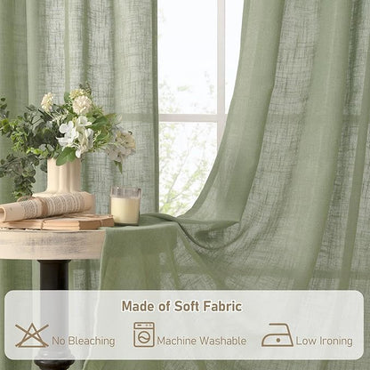 LAMIT Sage Green Linen Curtains for Living Room 108 inch Length 2 Panels, Light Filtering Semi Sheer Panels Back Tab and Rod Pocket Panels for Bedroom/Sliding Glass Door, 52 x 108 Inch