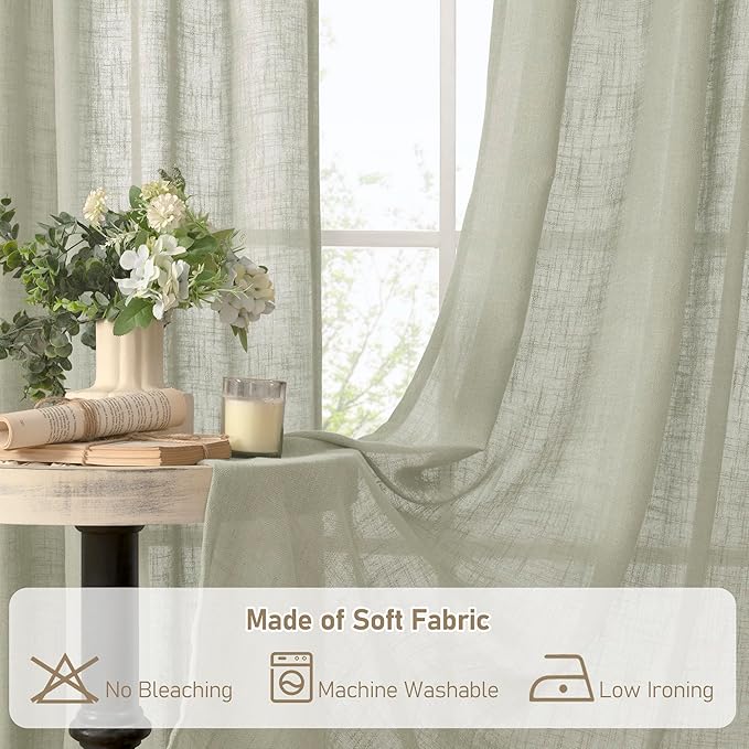 LAMIT 95 Inches Long Sage Grey Linen Curtains for Living Room, Back Tab and Rod Pocket Semi Sheer Curtains Light Filtering Farmhouse Drapes for Bedroom/Dining Room, Set of 2, 52 x 95 Inch