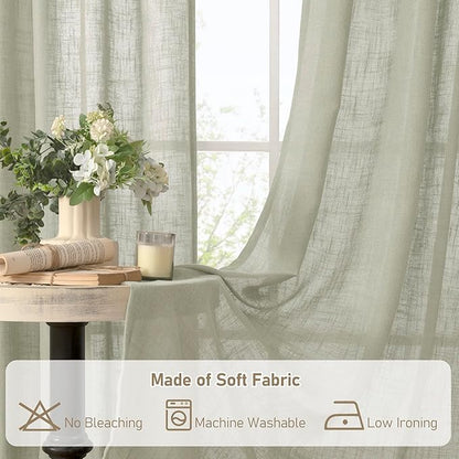 LAMIT 95 Inches Long Sage Grey Linen Curtains for Living Room, Back Tab and Rod Pocket Semi Sheer Curtains Light Filtering Farmhouse Drapes for Bedroom/Dining Room, Set of 2, 52 x 95 Inch