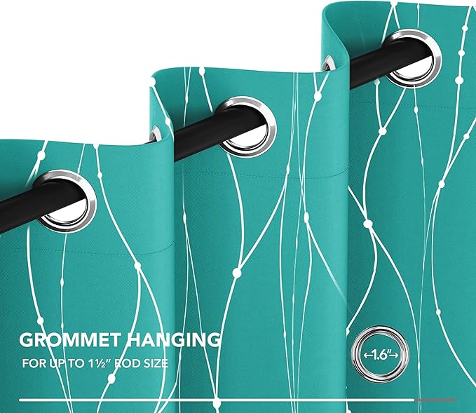 Deconovo Blackout Curtains, Thermal Insulated Soundproof Grommet Drapes, Wave Dots Silver Print, 52 x 72 Inch, Set of 2, Machine Washable Panels for Kitchen Bedroom Living Room Nursery, Turquoise