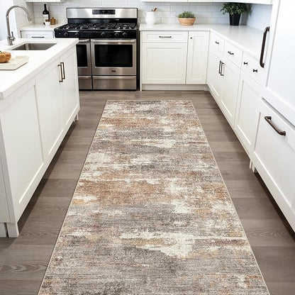 3x6 Washable Kitchen Runner Rug: Modern Abstract Runners for Hallway Soft Non Slip Rugs with Rubber Backing Low Pile Thin Floor Carpet for Entryway Bedroom Bathroom Bedside Indoor(Brown/Brick,3x6)