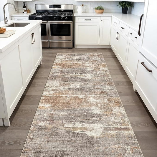 3x6 Washable Kitchen Runner Rug: Modern Abstract Runners for Hallway Soft Non Slip Rugs with Rubber Backing Low Pile Thin Floor Carpet for Entryway Bedroom Bathroom Bedside Indoor(Brown/Brick,3x6)
