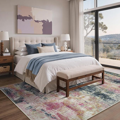 Area Rugs 8x10 for Living Room Bedroom, Modern Abstract Machine Washable Rug, Large Soft Low Pile Floor Carpet with Non Slip Backing for Dining Room, Navy/Pink