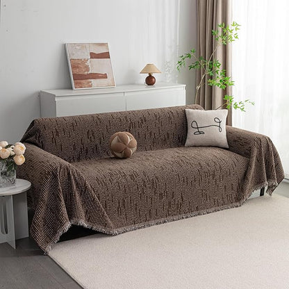 MYSKY HOME Couch Covers for 2 Cushion Couch Sectional Sofa, L Shape Sofa Protector Deep Chocolate Chenille Couch Cover, Sofa Covers Washable Blanket with Tassel Pet Couch Cushion Cover, 71"X102"