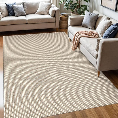 KOZYFLY Washable Area Rug 5x7 ft Rubber Backed Non Slip Rugs for Living Room Braided Cotton Bedroom Rug Woven Office Rugs Indoor Outdoor Floor Carpets for Dining Bedroom Living Room, Ivory/Khaki
