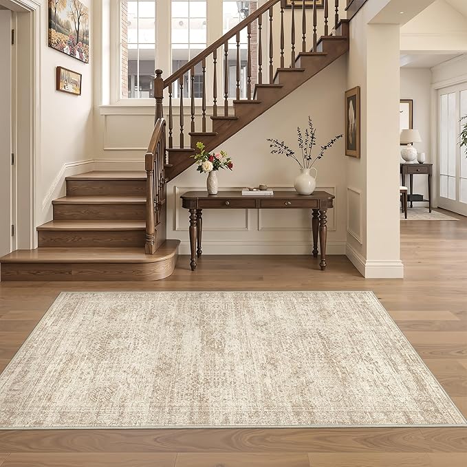 3x5 Washable Area Rug for Entryway, Soft Kitchen Rugs Non Slip for Dining Room, Vintage Abstract Living Room Rug, Thin Area Rugs Indoor for Bedroom, Kids Room Decor(3'x5', Beige/Ivory)