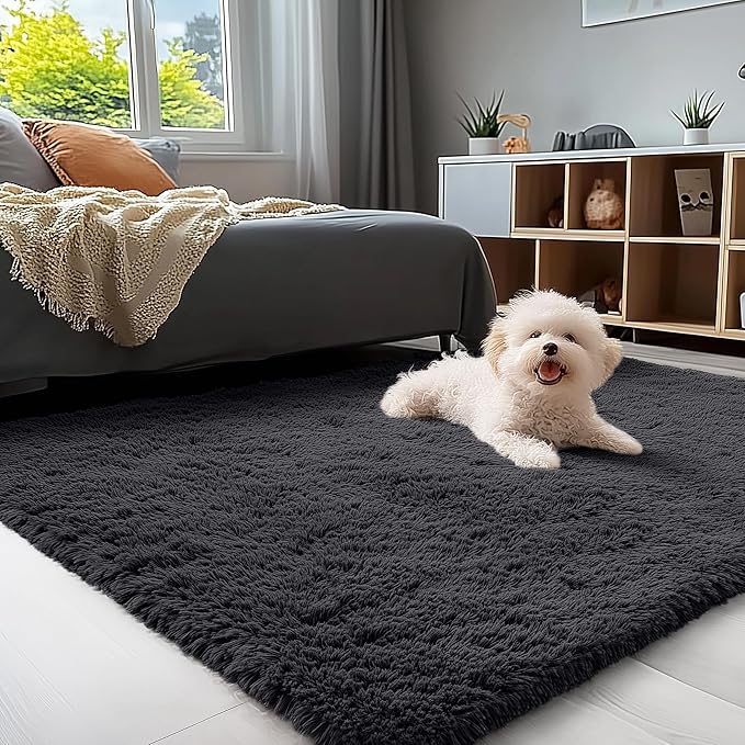 OLANLY 4x10 Area Rugs for Living Room Bedroom, Machine Washable Soft Fluffy Shaggy Bedside Rug, Indoor Floor Carpet for Kids Girls and Boys, Dorms, Nursery Rooms, Home Decor Aesthetic, Black