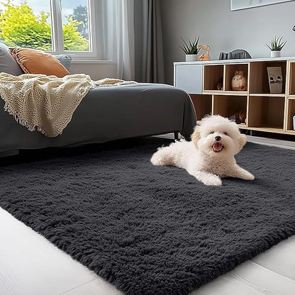 OLANLY 4x10 Area Rugs for Living Room Bedroom, Machine Washable Soft Fluffy Shaggy Bedside Rug, Indoor Floor Carpet for Kids Girls and Boys, Dorms, Nursery Rooms, Home Decor Aesthetic, Black