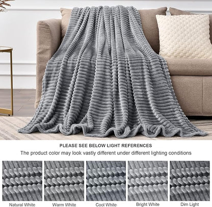 BEDELITE Fleece Throw Blanket for Couch – 3D Ribbed Jacquard Soft and Warm Decorative Fuzzy Blanket – Cozy, Fluffy, Plush Lightweight Gray Throw Blankets for Bed, Sofa, 84x90 inches