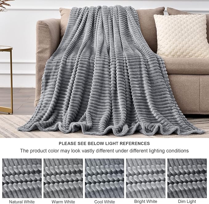BEDELITE Fleece Blanket Twin Size – 3D Ribbed Jacquard Soft and Warm Decorative Fuzzy Blankets – Cozy, Fluffy, Plush Lightweight Throw Blankets for Couch, Bed, Sofa(Grey, 60x80 inches)