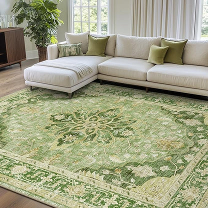 RELEANY Area Rugs 9'x12' Washable Non-Slip, Floral Vintage Distress Print Pattern Medallion Carpet for Living Room Bedroom Dining Room, Sage Green Yellow