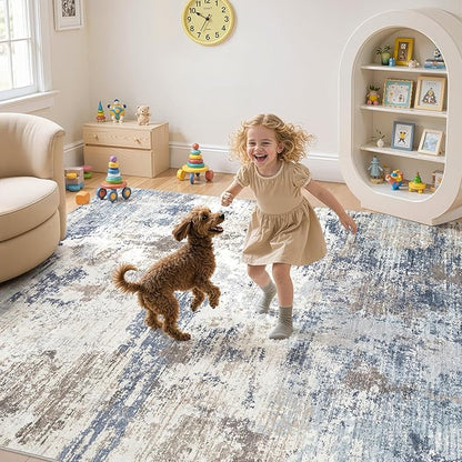UERMEI 8x10 Area Rug Living Room Rugs Thickened - Washable Neutral Modern Abstract Soft Rug Indoor Floor No Slip Rug Carpet for Bedroom Under Dining Table Home Office Decor - Denim Blue