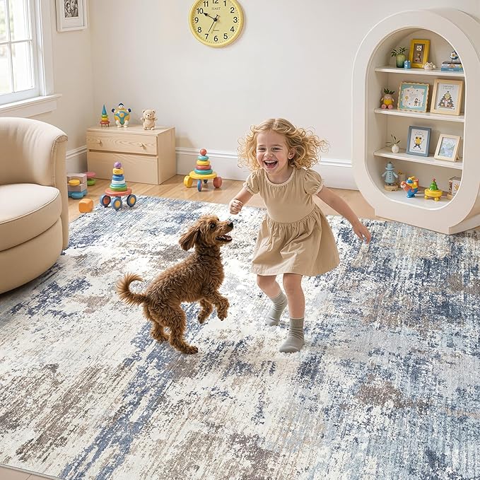 UERMEI 6x9 Area Rug Living Room Rugs Thickened - Washable Neutral Modern Abstract Soft Rug Indoor Floor No Slip Rug Carpet for Bedroom Under Dining Table Home Office Decor - Denim Blue