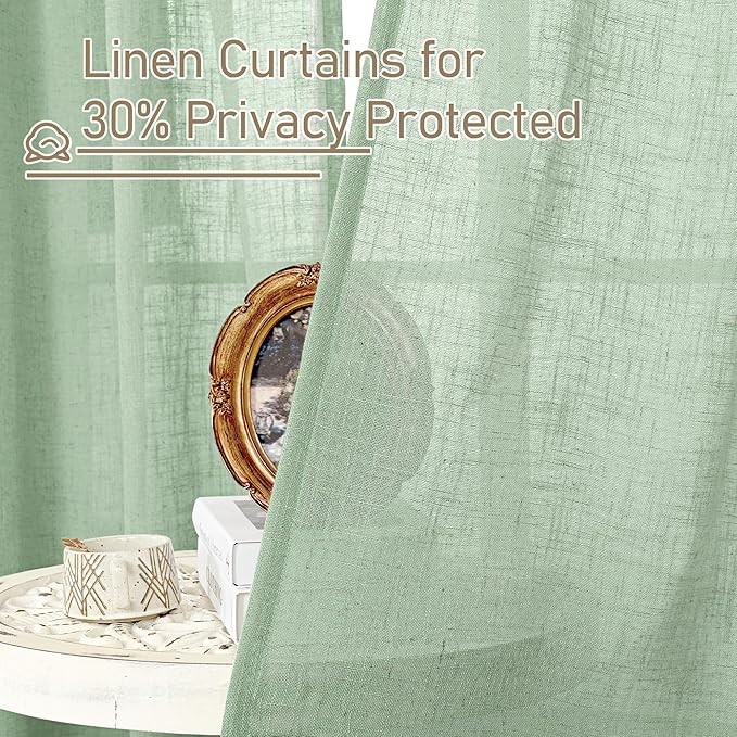 LAMIT 40 Inch Length Linen Curtains for Small Windows, Semi Sheer Light Filtering Panels Back Tab and Rod Pocket Neutral Drapes for Basement/Window/Loft Room, Fresh Green, 2 Panels, 34 x 40 Inch