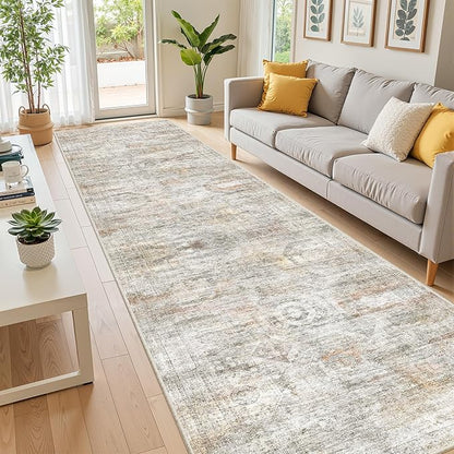 Kitchen Runner Rugs Non Skid Washable - 2.5 x 10 Runner Rug with Anti Slip Backing, Ultra-Thin Soft Rug Runner for Hallway, Bedroom, Living Room (2.5'x10', Grey/Rust)