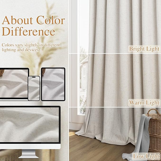 Guken Light Beige 100% Blackout Curtains 84 Inch Long 2 Panels Set for Living Room Bedroom Back Tab Room Darkening Winter Thermal Insulated Netural Black Out Linen Drapes Window Curtain, 52x84