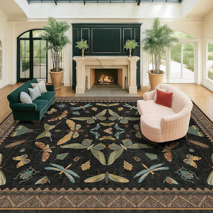 Hazo Haus Black Washable Insect Area Rugs 8x10 for Living Room, Bedroom, Dining Room Under Table, Playroom, Large Dark Whimsical Boho Indoor Rug, Ultra Soft Low Pile Non Slip