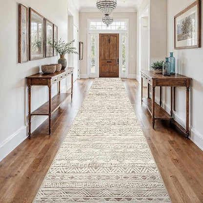 3x18 Washable Kitchen Runner Rug: Modern Moroccan Runners for Hallway Soft Non Slip Rugs with Rubber Backing Low Pile Thin Waterproof Floor Carpet for Entryway Bedroom Bathroom Indoor 3x18 Beige