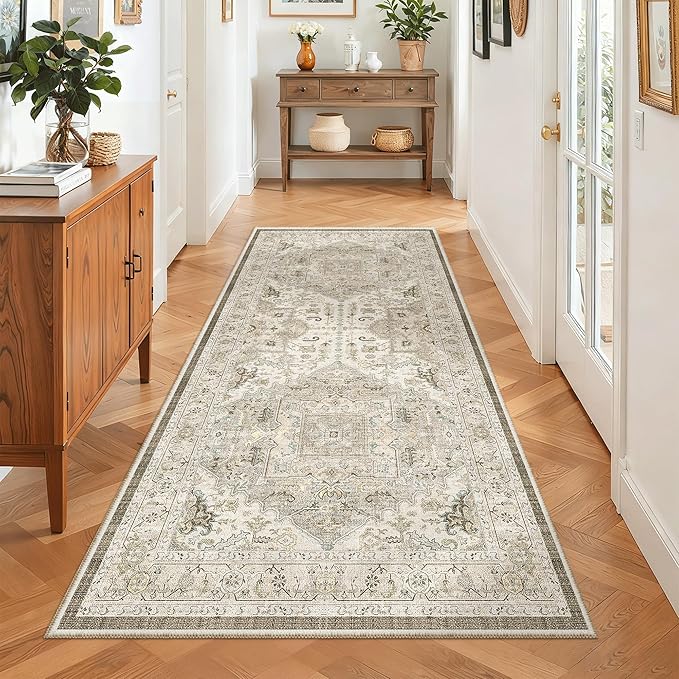 Madane Hallway Runner Rug 3x6 - Washable Kitchen Rugs Entryway Rug Runner Vintage Soft Floor Mat Non Slip Indoor Farmhouse Carpet for Bathroom Living Room Bedroom (3 X 6, Ivory/Brown)