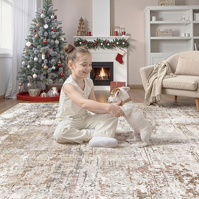 UERMEI Square Area Rugs : Washable 6x6 Neutral Modern Abstract Carpet for Living Room Bedroom - Soft Floor Mat with Non Slip Backing for Kitchen Nursery Dorms Farmhouse Home Decor - Brown/Grey/Red