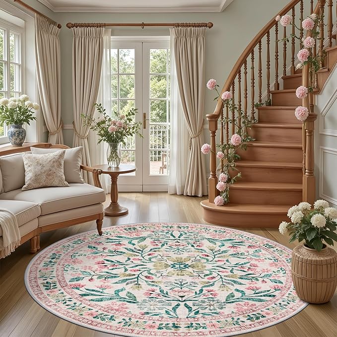 Round Area Rug for Living Room: 6 ft Floral Washable Circle Rug Soft Boho Non-Slip Carpet Indoor Stain Resistant Low Pile Small Circular Rug for Bedroom Entryway Kitchen Nursery Home Office Pink Green