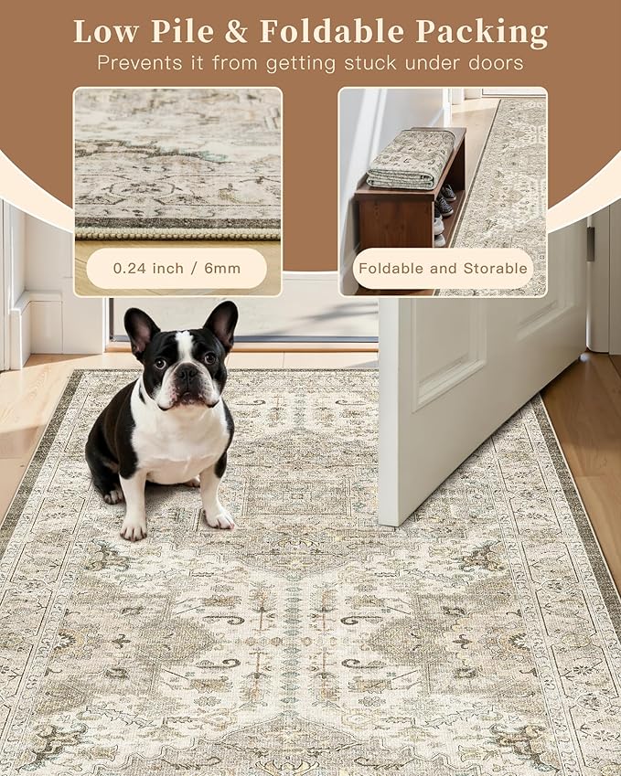 Madane Hallway Runner Rug 2'6''x12' Kitchen Runner, Non Slip Vintage Runners for Hallways Washable Kitchen Rugs Soft Low Pile 2.5x12 ft Rug Runner for Laundry Room, Entryway and Bedroom, Ivory/Brown