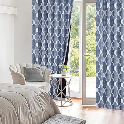 Beauoop 100% Blackout Curtains 96 Inches Long 2 Panels for Bedroom Living Room Blue Moroccan Geo Room Darkening Thermal Insulated Soundproof Rod Pocket Back Tab Window Treatments Drapes, 50x96
